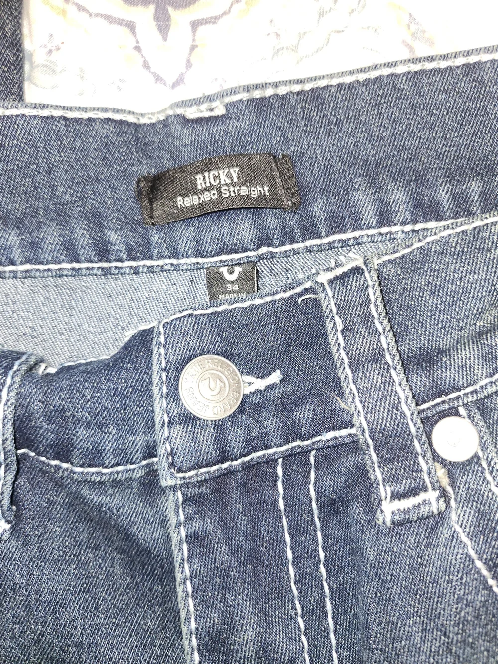 True Religion Men's Straight Jeans in Dark Blue with White Stitching